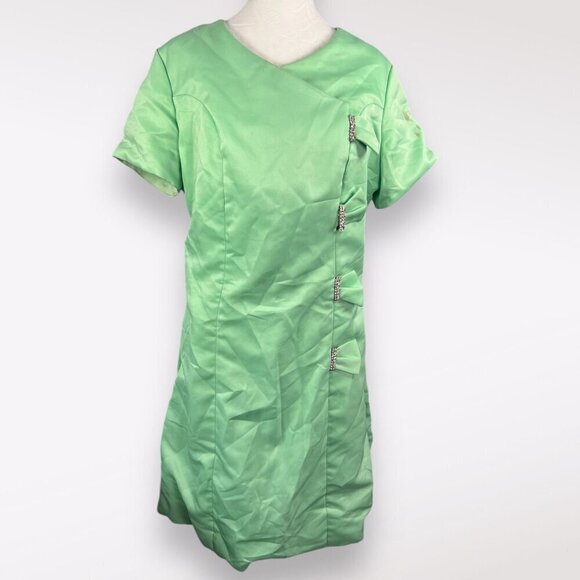 Vintage Mint Green Satin Midi Dress Jeweled Shoulders Small ❗️FLAWED❗️ - Picture 1 of 12